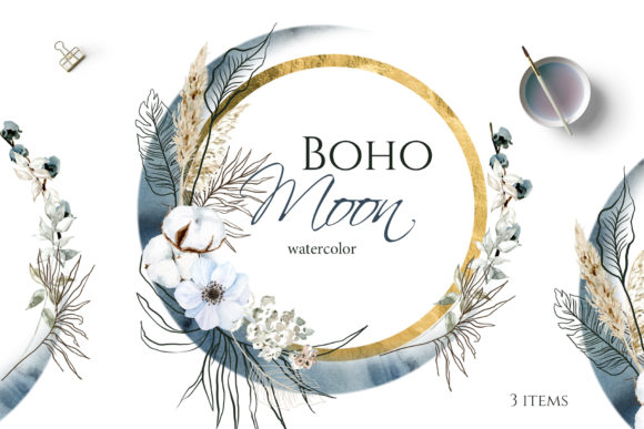 Download Boho Round Floral Frame with Blue Moon - Premium Resources